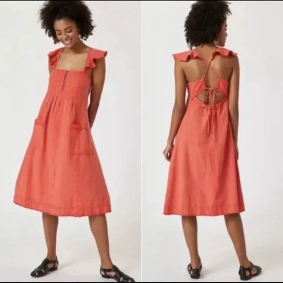 Anthropologie, Pilcro, Red Motif Flutter Sleeve Midi Length Dress, Large
